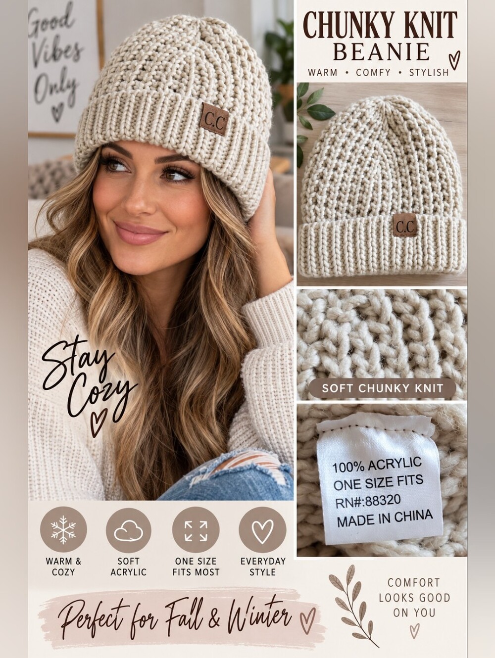 C.C Chunky Knit Beanie - Cream
